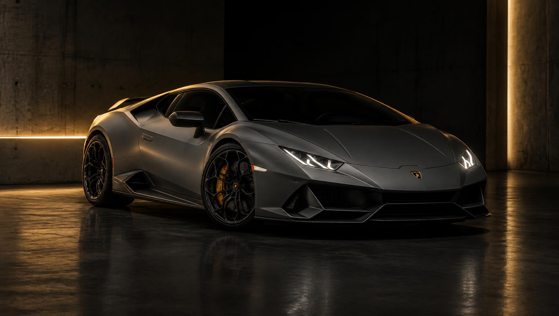 Matte grey Lamborghini Huracán in a dark studio